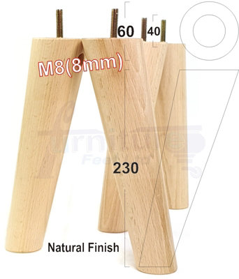 L&F 4 Solid Wood Turned Furniture Legs Replacement Mid Century Angled Retro Feet 230mm High M8 Natural from B&Q