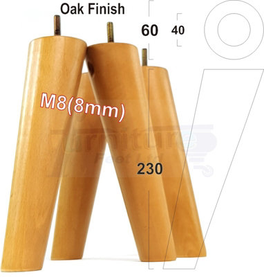 L&F 4 Solid Wood Turned Furniture Legs Replacement Mid Century Angled Retro Feet 230mm High M8 Oak from B&Q