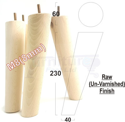 L&F 4 Solid Wood Turned Furniture Legs Replacement Mid Century Angled Retro Feet 230mm High M8 Raw from B&Q