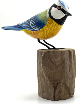 B&Q -  Bird Statue Ornament Wooden Hand Carved Bird Tree Stump  British Birds Indoor/outdoor Garden Ornament (Blue Tit)