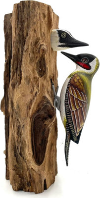 My Square Mile Bird Statue Ornament Wooden Hand Carved Bird Tree Stump British Birds Indoor/outdoor Garden Ornament (Woodpecker) from B&Q