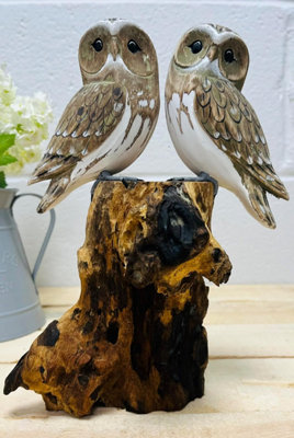 My Square Mile Bird Statue Ornament Wooden Hand Carved Bird Tree Stump British Birds Indoor/outdoor Garden Ornament (Double White Owl) from B&Q
