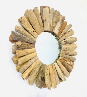 My Square Mile Driftwood Round Mirror Bathroom Hallway Rustic Wooden Wall Hanging Mirror With Easy Hang Pre Attached Hooks (60Cm) from B&Q