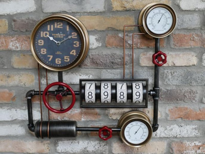 My Square Mile Industrial Steampunk Pipe Metal Gear Wall Clock With Faux Temperature Dial Display (Industrial Clock (Faux Digit Counters))