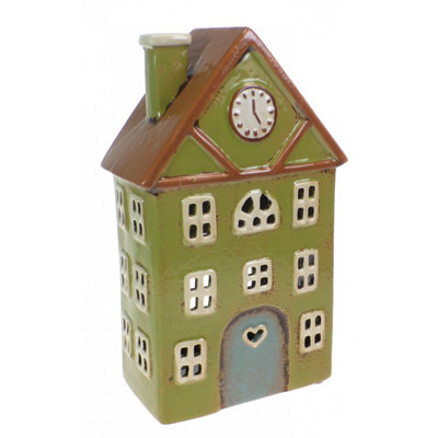 My Square Mile Tealight Candle Holder Housewarming Gift Cottage Ceramic Village Pottery House Ornament (Green Clock Tower (26Cm)) from B&Q