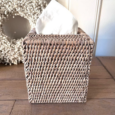 Wholesome Home White Wash Rattan Tissue Box Cover (Square) from B&Q