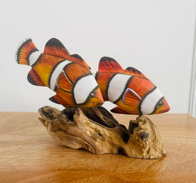 B&Q -  Handcrafted Clownfish Coral Reef SculptureDecorative Marine ArtNatural Driftwood Base (Double Clown Fish (17Cm))