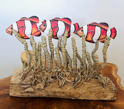 B&Q -  Handcrafted Clownfish Coral Reef SculptureDecorative Marine ArtNatural Driftwood Base (Triple Clownfish (30Cm))