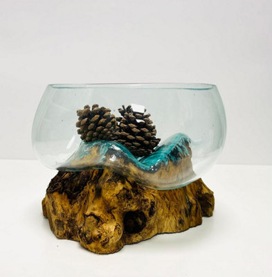 My Square Mile Molten Glass Display Bowl On Wood Root Stand Glass Rustic Ornament Sculpture Display Dish (Large) from B&Q