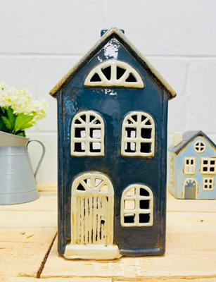 My Square Mile Tealight Candle Holder Housewarming Gift Cottage Ceramic Village Pottery House Ornament (Large Blue House (26Cm X 14Cm)) from B&Q