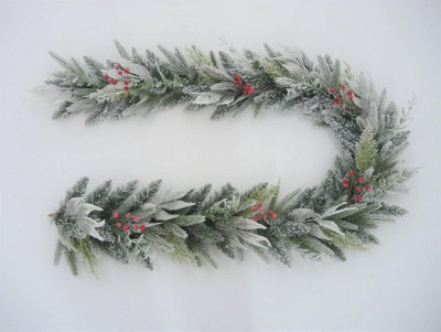 Snowtime 2.1M (7Ft) Christmas Artificial Garland For Stairs Fireplaces With Pe Leaves & Berries