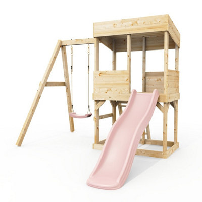 Rebo Lookout Tower With Single Swing And Wave Slide Dusky Pink from B&Q
