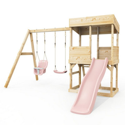 Rebo Lookout Tower With Double Swing And Wave Slide Dusky Pink from B&Q