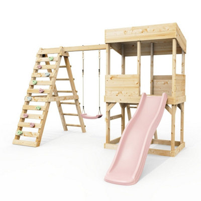 Rebo Lookout Tower With Single SwingWave Slide And Climbing Wall Dusky Pink from B&Q