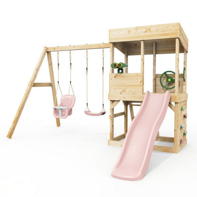Rebo Lookout Tower With Double SwingWave Slide And Adventure Pack Dusky Pink from B&Q