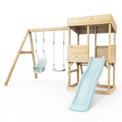 Rebo Lookout Tower With Double Swing And Wave Slide Ice Blue from B&Q