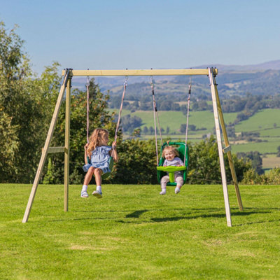 Rebo Glide Wooden Double Swing Set With Two Swing SeatsTulip (Dark Green Standard & Baby Swings) from B&Q