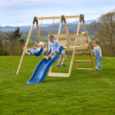 Rebo Glide Wooden Single Swing Set With 6Ft Slide And Swing SeatOrchid (Navy Blue Belt Swing) from B&Q