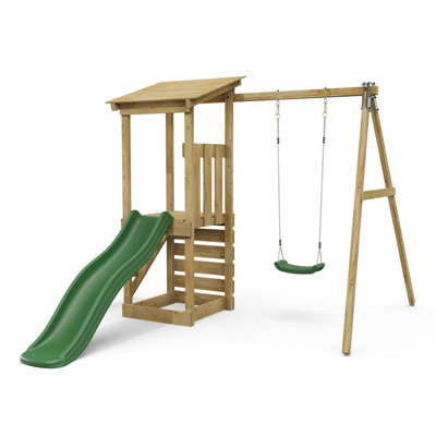 B&Q -  Wooden Garden Climbing Frame With Swing & 6Ft Slide Kids Outdoor Playset With Climbing Wall & Ladder