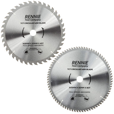 Rennie Tool Company 2 Pack - 305mm X 40T & 80T Tct Circular Wood Saw Blades. Fits Bosch Makita Dewalt Circular Saws Etc