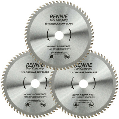 Rennie Tool Company 3 Pack - 160mm X 60T Tct Circular Wood Saw Blades Fits Bosch, Makita, Black & Decker, Dewalt Festool Ts55 Etc