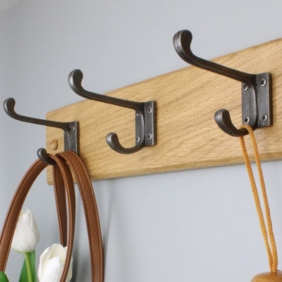 Handcrafted Solid Oak Coat Rack With Cast Iron Hooks 450mm3 Hooks from B&Q