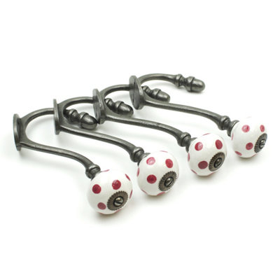 B&Q Oakcrafts - Hand Finished Polka Dot Ceramic Coat Hooks - Pack Of 4 Pink