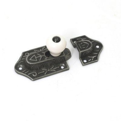  - OakcraftsAntique Cast Iron Cupboard Door Slide Sprung Catch With Ceramic Knob