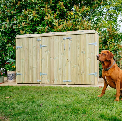 The Garden Village Shireburn Triple Wheelie Bin Store - Timber - L80.4 X W214.2 X H120 Cm - Fits X 180L Or X 240L Wheelie Bins Size 3