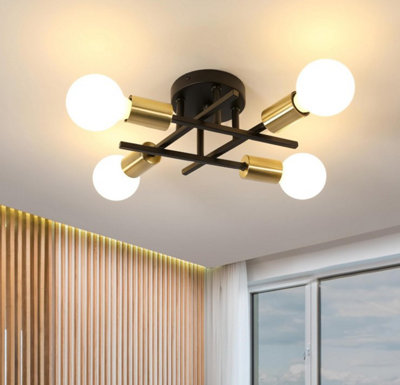 Ceiling Light E27 4-Lights Black Gold 45Cm Iron Semi Flush Mount
