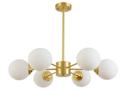  - Gold Chandelier Frosted White Globe Shade E27 Ceiling Light 72Cm