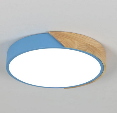  - Led Blue Ceiling Light 24W Cool Light Flush Mount 30 Cm Round Wood