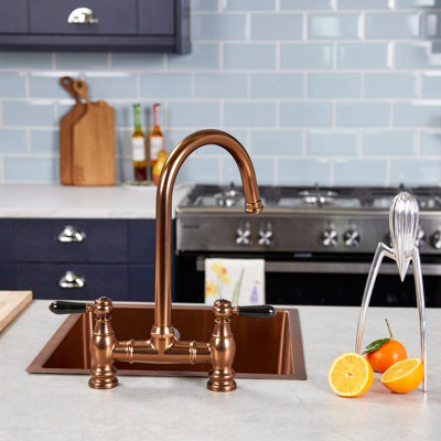 Flode Klas Traditional Bridge Style 3 In 1 Instant Boiling Tap Black Ceramic Levers Brushed Copper Finish from B&Q