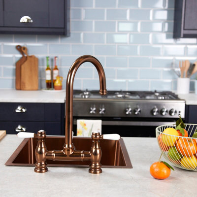 Flode Klas Traditional Bridge Style 3 In 1 Instant Boiling Tap White Ceramic Levers Brushed Copper Finish from B&Q
