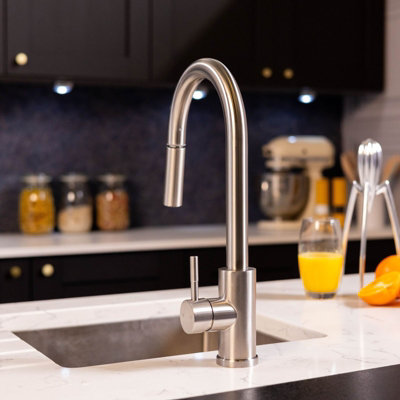 B&Q -  Runda Kitchen Sink Mixer With Pull Out Spray Brushed Steel Square Head