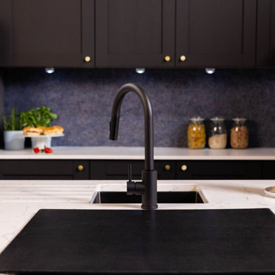 B&Q -  Runda Kitchen Sink Mixer With Pull Out Spray Matt Black Square Head