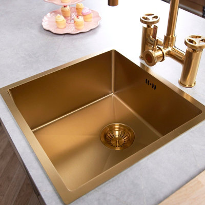 Flode Mockeln 1.0 Bowl Stainlees Steel Sink 540mm X 440mm X 200mm Strainer Waste Supplied Brushed Gold Finish from B&Q