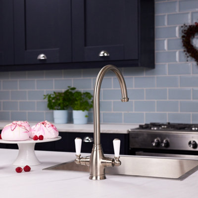 Flode HaldenDual Lever Kitchen Sink Mixer Tap With Swivel Spout -Pewter Finish from B&Q