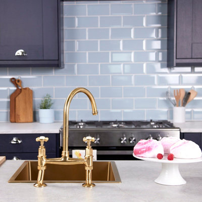 Flode Flöde Larvik Cross Head Kitchen Bridge Mixer Tap Polished Brass Finish from B&Q