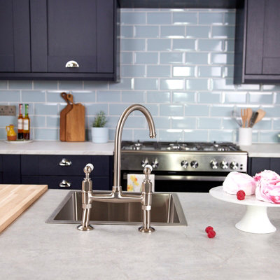 Flode Flöde Larvik Dual Lever Bridge Kitchen Mixer Tap Pewter Finish from B&Q