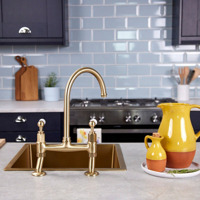 Flode Flöde Larvik Dual Lever Kitchen Bridge Mixer Tap Brushed Brass from B&Q