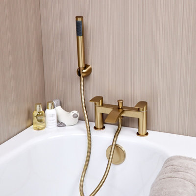 Flode Falun Bath Shower Mixer Tap Including Handset And Holder Brushed Brass from B&Q