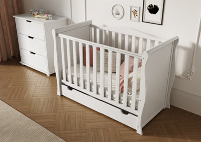 VICULII Willow Sleigh Mini Cot Bed White With Drawer And Mattress from B&Q