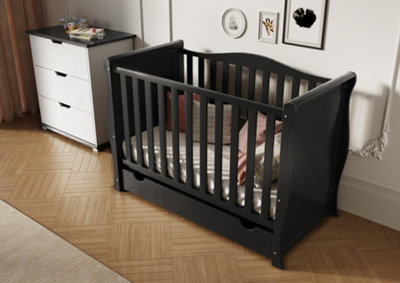 VICULII Willow Sleigh Mini Cot Bed Black With Drawer And Mattress from B&Q