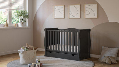 VICULII Willow Black Sleigh Mini Cot Bed With Drawer And Pocket Sprung Hypoallergenic 120 X 60 Cm