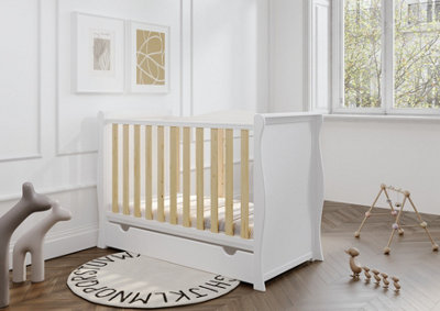 VICULII Willow Sleigh Mini Cot Bed White Natural With Drawer And Mattress from B&Q