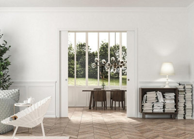 Eclisse Double Sliding Pocket Door Kit 686+686X1981mm, Primed White Jambs 100mm Finished Wall Thickness, 2Xhandle Sets