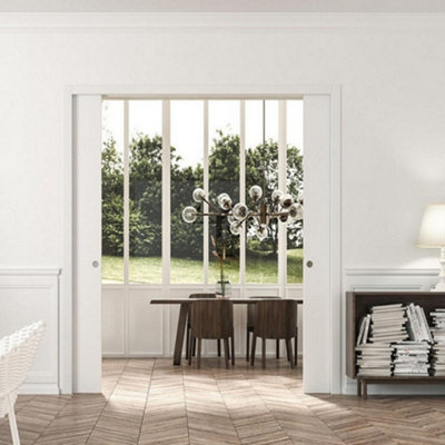 Eclisse Double Sliding Pocket Door Kit 762+762X1981mm, Primed White Jambs 125mm Fwt, 2 X Handle Sets