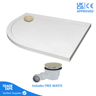 GravaHaus 1200 X 800mm White Offset Quadrant Left Hand 45mm Low Profile Shower Tray With Brushed Brass Waste from B&Q