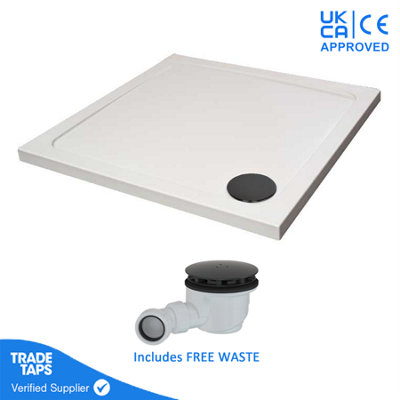 GravaHaus 700 X 700mm White Square 45mm Low Profile Shower Tray With Matt Black Waste